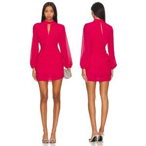 Amanda Uprichard Kimora Ruched Mini Dress Keyhole Neck Long Sleeve RED Size XS